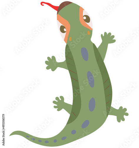 Cute cartoon lizard vector illustration. Top view. Green reptile with red tongue and blue spots on its back. Isolated on white background