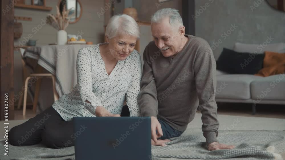 An elderly couple sitting on the floor in front of their laptop. Online shopping. An elderly couple sitting on the floor in front of their laptop. Online shopping.