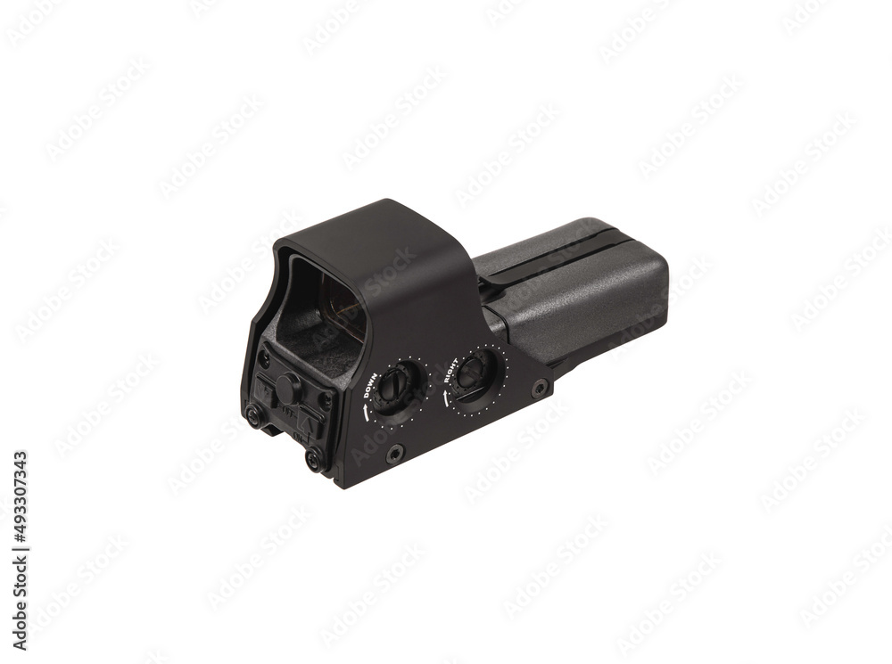Modern optical collimator sight. Aiming device for shooting at short distances. Isolate on a white back. Modern optical collimator sight. Aiming device for shooting at short distances. Isolate on a white back.