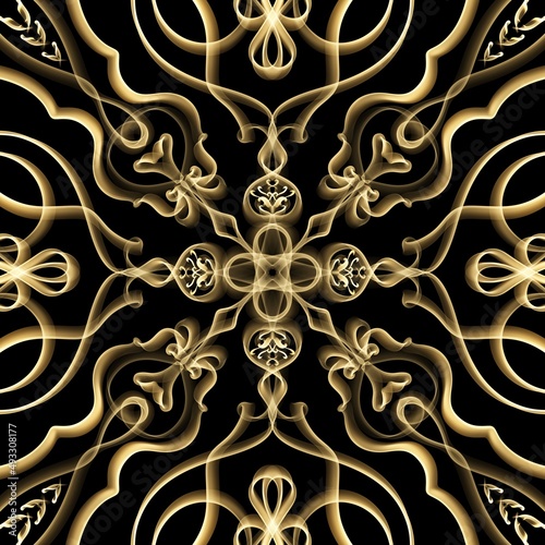 Seamless abstract geometric floral surface pattern in Golden color repeating symmetrically. Use for fashion design, home decoration, wallpapers and gift packages.