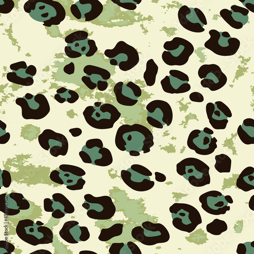 Leopard skin Animal background. Abstract seamless pattern sketchy pattern with black outlines and spots of green watercolor artistic flowers. Printing on wallpaper, covers, textiles, paper