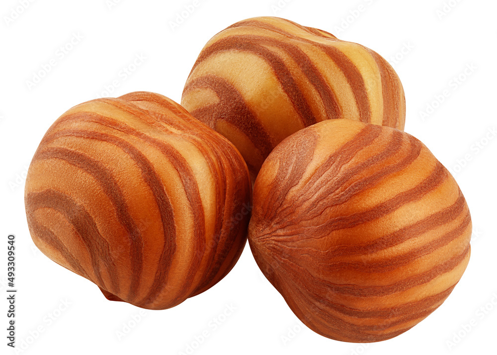 Hazelnut peeled, isolated on white background, clipping path, full depth of field