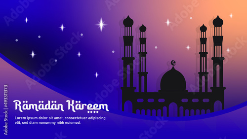 Ramadan Kareem greeting background mosque nightcolor illustration with arabic town. photo