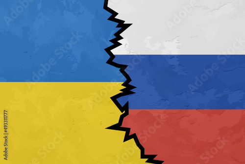 Flags of Russia and Ukraine with a split between them, showing the conflict between the countries