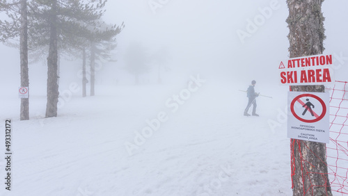 Bad foggy weather at ski resort. Mount Olympus, Troodos, Cyprus photo