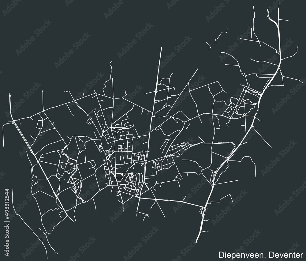 Detailed negative navigation white lines urban street roads map of the DIEPENVEEN DISTRICT of the Dutch regional capital city Deventer, Netherlands on dark gray background