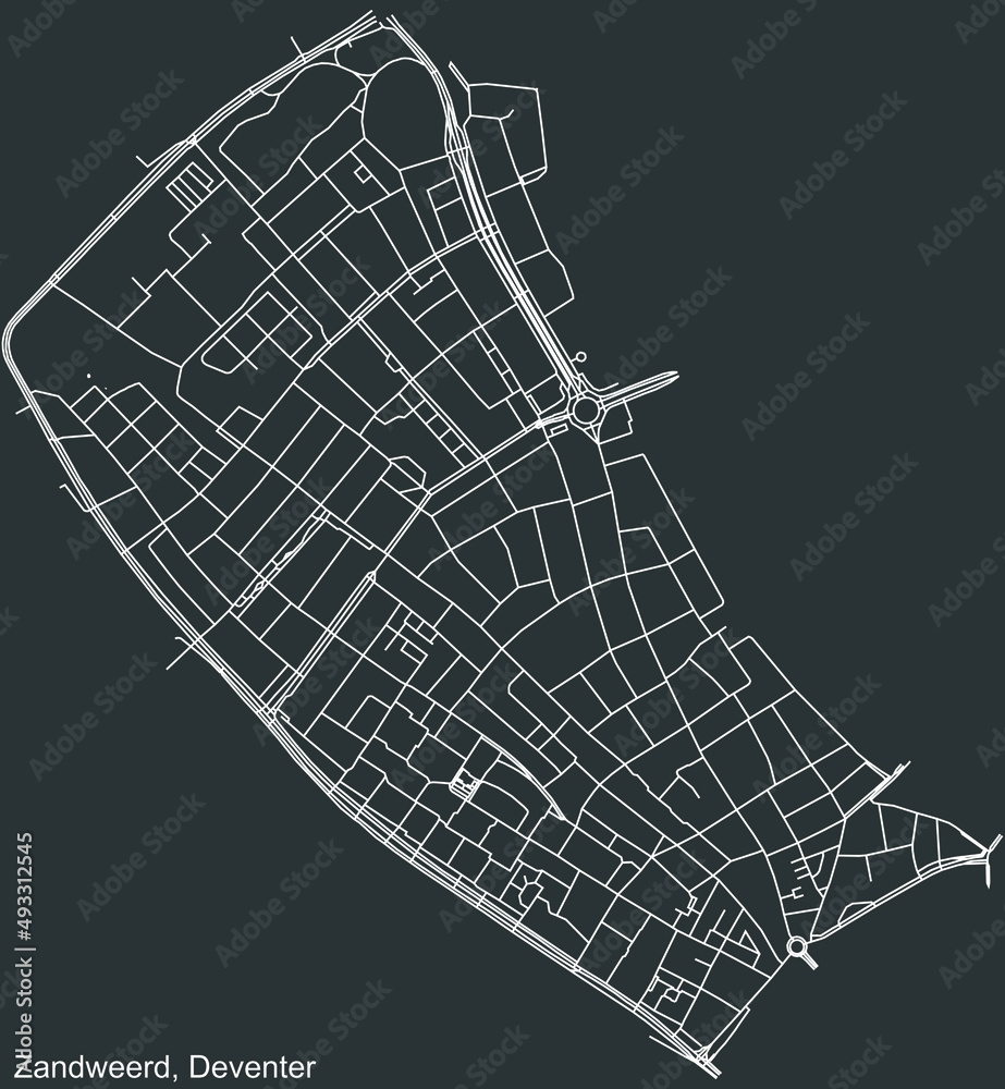 Detailed negative navigation white lines urban street roads map of the ZANDWEERD DISTRICT of the Dutch regional capital city Deventer, Netherlands on dark gray background