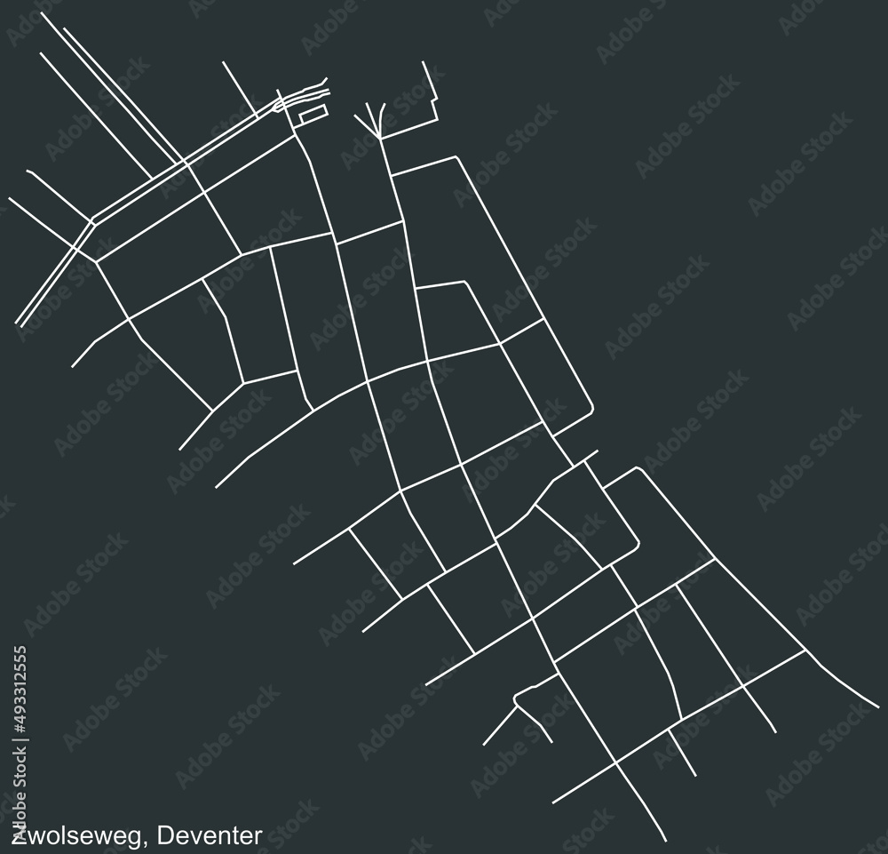 Detailed negative navigation white lines urban street roads map of the ZWOLSEWIJK DISTRICT of the Dutch regional capital city Deventer, Netherlands on dark gray background