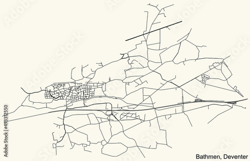 Detailed navigation black lines urban street roads map of the BATHMEN DISTRICT of the Dutch regional capital city Deventer, Netherlands on vintage beige background