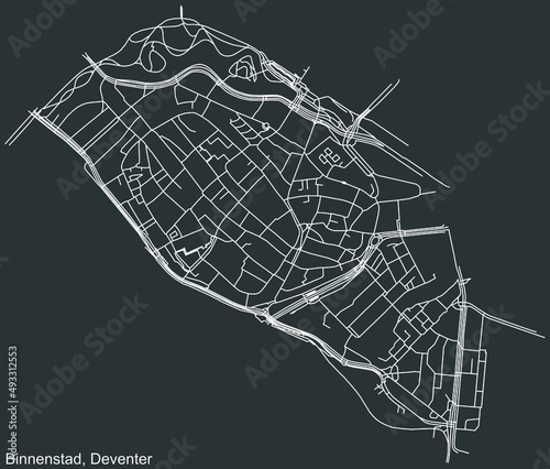 Detailed negative navigation white lines urban street roads map of the BINNENSTAD DISTRICT of the Dutch regional capital city Deventer, Netherlands on dark gray background