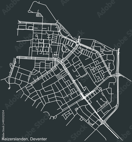 Detailed negative navigation white lines urban street roads map of the KEIZERSLANDEN DISTRICT of the Dutch regional capital city Deventer, Netherlands on dark gray background