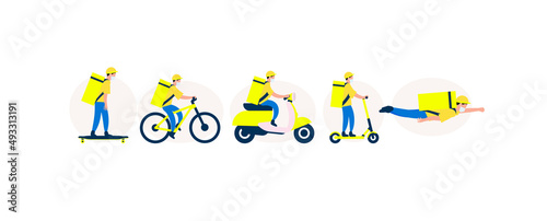 Set of delivery men on transport with a backpack for food, yellow delivery service, colors flag of Ukraine, vector illustration