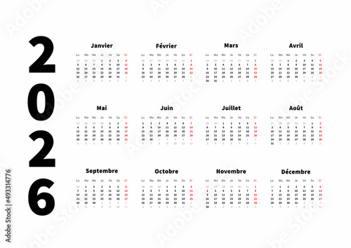 2026 year simple horizontal calendar in french, typographic calendar isolated on white