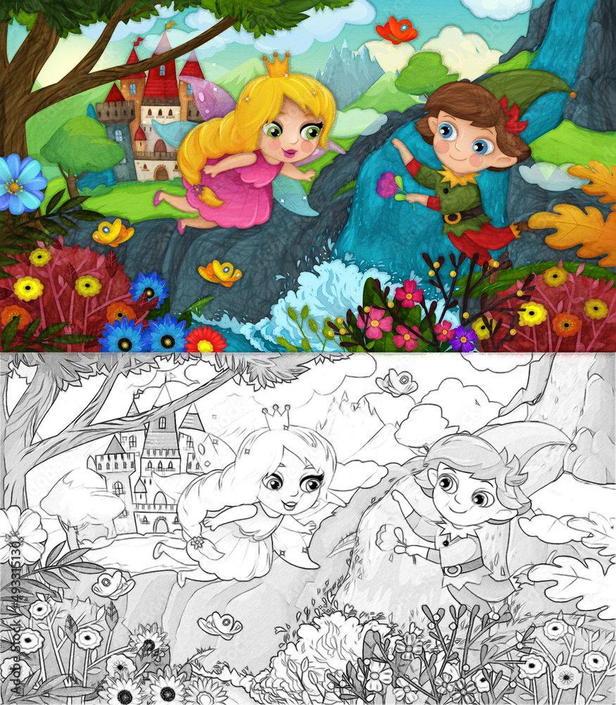 Naklejka premium cartoon scene forest elf prince and princess and castle