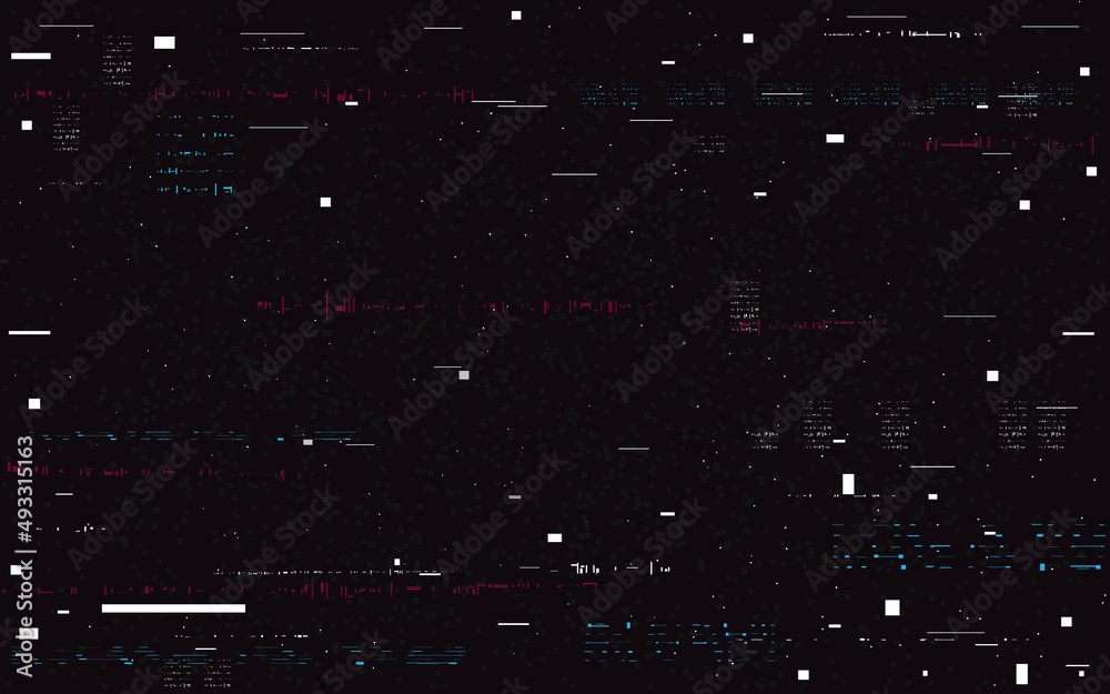 Glitch video distortion. Digital noise template. Random white lines and shapes. Video signal problem. Futuristic distorted background with noise. Vector illustration