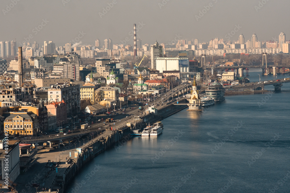 Panorama of the city. View from the glass bridge to Kiev, Ukraine.