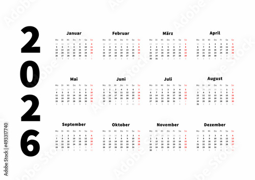 2026 year simple horizontal calendar in german, typographic calendar isolated on white