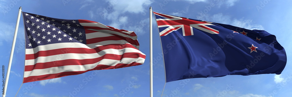 Fototapeta premium Flying flags of the USA and New zealand on high flagpoles. 3d rendering
