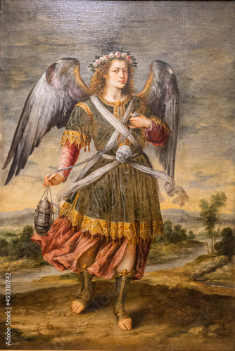 Quadro em tela archangel Sealtiel, 17th century, oil on canvas, Bartolome Roman, Mallorca, Bale