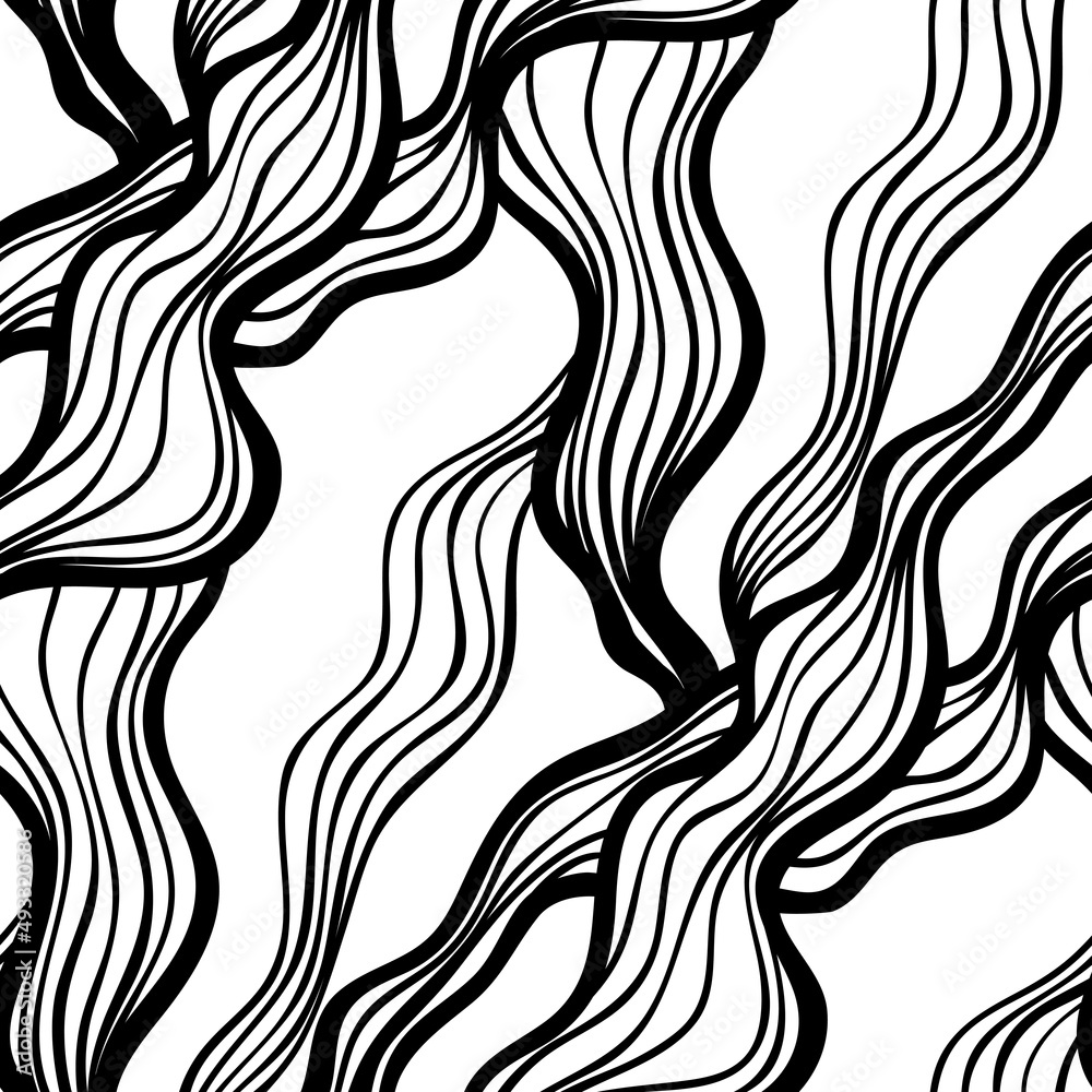 Abstract black and white seamless pattern with wavy lines