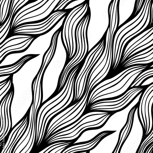 Abstract black and white seamless pattern with wavy lines