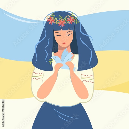 Ukrainian girl with a dove in her hands. A sad woman in national clothes against the background of a yellow-blue flag. Pray for Ukraine. Vector isolated illustration. Design for banner, web page.