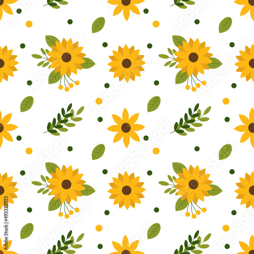 Vector seamless pattern with sunflowers. Illustration of flowers in flat style.
