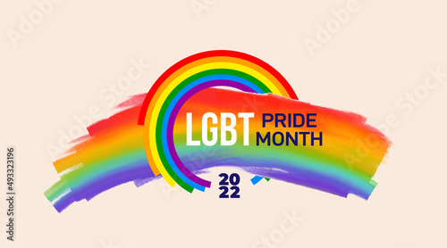 Pride banner with LGBT flag wave brush strokes. 2022 Pride month Illustration. Pride rainbow flag wave logo design element. Vector illustration isolated on white background.