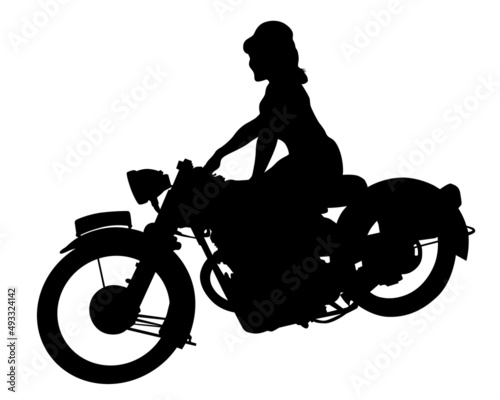 Women in protective clothing rides sport bike. Isolated silhouette on a white background