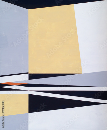A modernist hard edged abstract painting,grey and beige photo