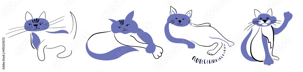 Set of four cute funny cats painted in Veri Peri. Cat walking, lying, standing, sitting. Cute pets. Doodle style vector illustration isolated on white background Set of four cute funny cats painted in Veri Peri. Cat walking, lying, standing, sitting. Cute pets. Doodle style vector illustration isolated on white background