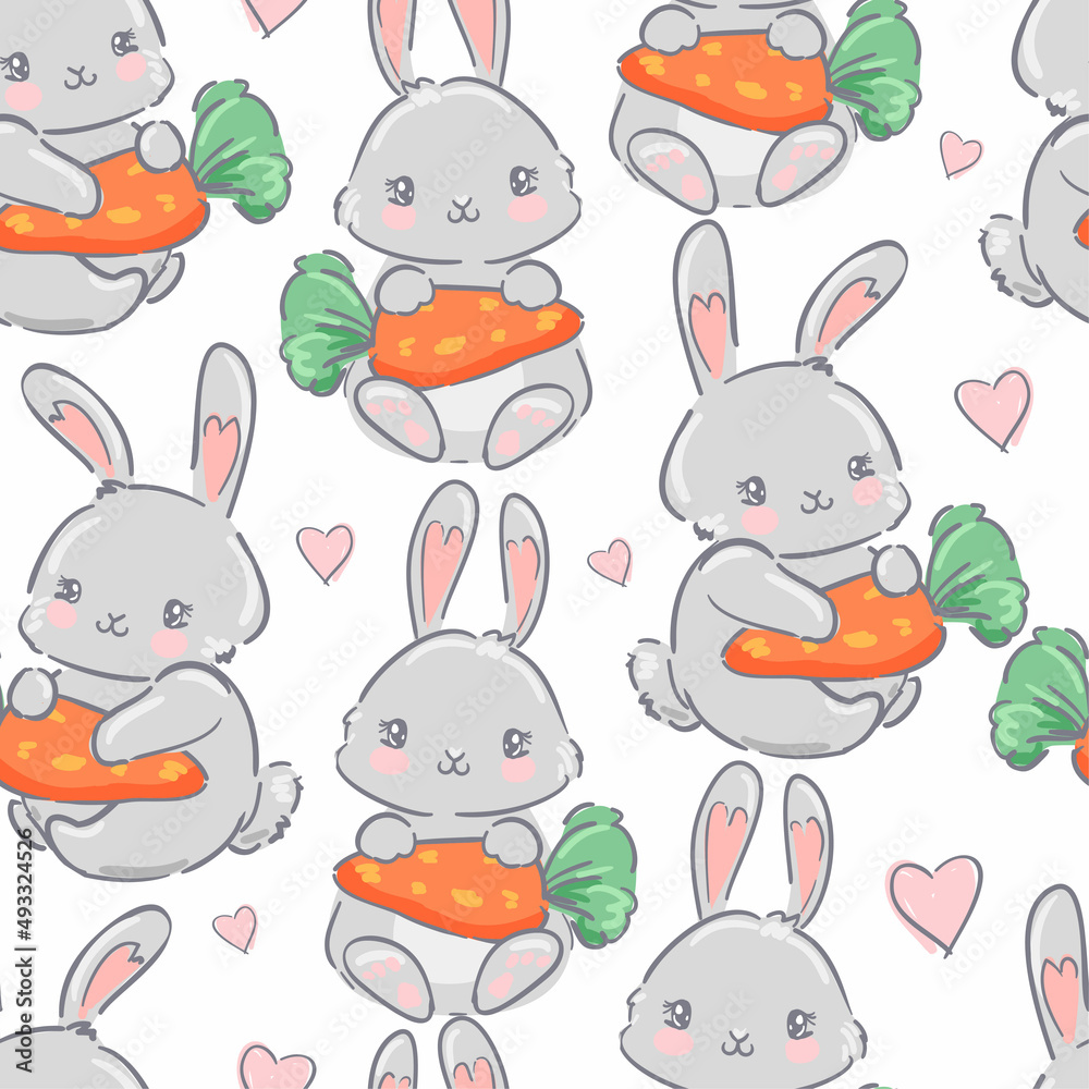 Seamless pattern Cute Bunny and carrots, print design rabbit background, children textile design Vector Seamless pattern Cute Bunny and carrots, print design rabbit background, children textile design Vector