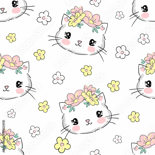 Hand drawn cute cat and flowers pattern seamless vector illustration