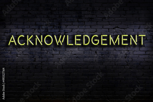 Photography Night view of neon sign on brick wall with inscription acknowledgement