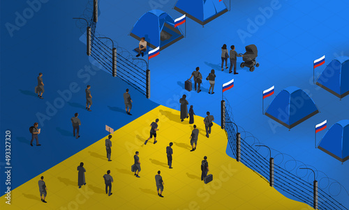 Ukrainian refugees cross the border with Russia. People are fleeing crisis and war in search of rights and freedom. Barbed wire fence. Tent camp with flags of the Russian Federation. Isometric vector