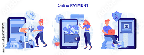 Online payment isolated set in flat design. People making banking transactions using applications, collection of scenes. Vector illustration for blogging, website, mobile app, promotional materials.