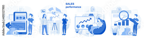 Sales performance isolated set in flat design. People analyzing financial data, earnings increase , collection of scenes. Vector illustration for blogging, website, mobile app, promotional materials.