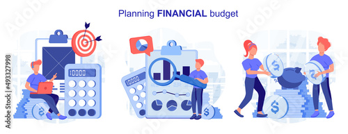 Planning financial budget isolated set in flat design. People make accounting analysis, bookkeeping, collection of scenes. Vector illustration for blogging, website, mobile app, promotional materials.