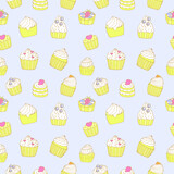 Cupcakes and cakes seamless pattern vector illustration, hand drawing doodles, blue background
