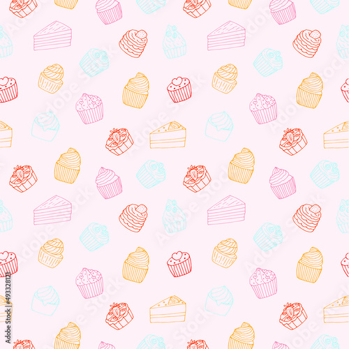 Cupcakes and cakes seamless pattern vector illustration  hand drawing doodles  pink background