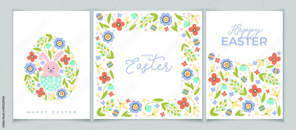 Set of Easter greeting card with eggs and colorful flowers