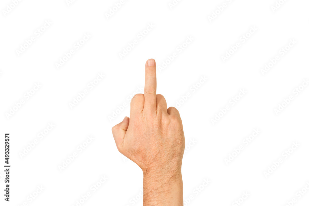 Mano de hombre mostrando el dedo medio haciendo gesto grosero de mala expresión, provocación y actitud grosera sobre fondo blanco liso y aislado. Vista de frente y de cerca. Copy space Mano de hombre mostrando el dedo medio haciendo gesto grosero de mala expresión, provocación y actitud grosera sobre fondo blanco liso y aislado. Vista de frente y de cerca. Copy space