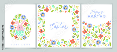 Set of Easter greeting card with eggs and colorful flowers