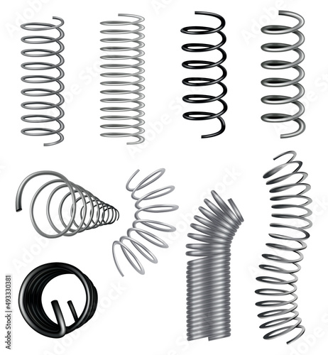 Metal springs. Spirals different shapes and types. Vector icons of swirl line or curved wire cords, shock absorbers or equipment parts. Repair spare parts or flexible supplements photo
