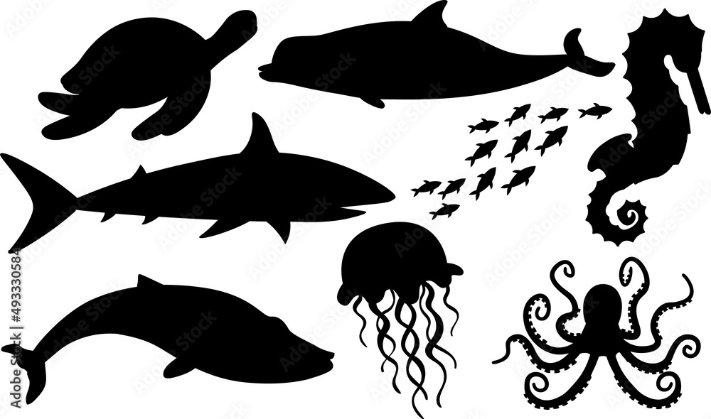 Sea Animals Silhouettes Sea Animals SVG EPS PNG Stock Vector | Adobe Stock