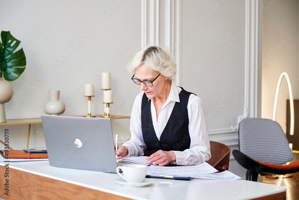 Smart senior woman using laptop and making notes. Smart senior woman using laptop and making notes.