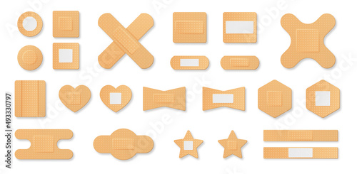 Set of First aid band plaster. Medical patches of various shapes for sealing wounds and skin injuries. Design elements for web. Cartoon realistic vector collection isolated on white background
