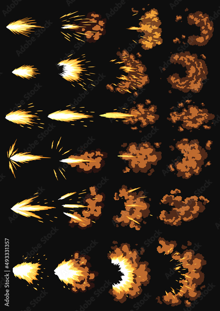 Gun flashes or gunshot animation. Collection of fire explosion effect  during shot with gun. Cartoon flash effect of bullet starts. Shotgun fire, muzzle  flash and explode Stock Vector | Adobe Stock