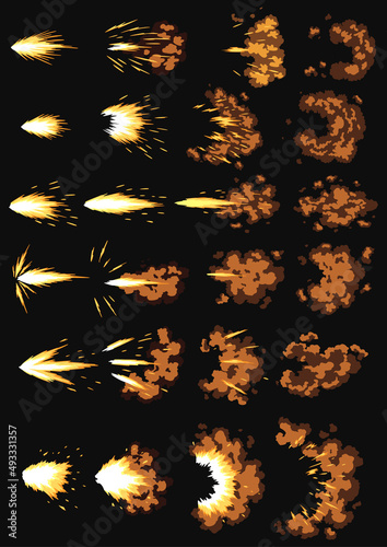 Gun flashes or gunshot animation. Collection of fire explosion effect during shot with gun. Cartoon flash effect of bullet starts. Shotgun fire, muzzle flash and explode