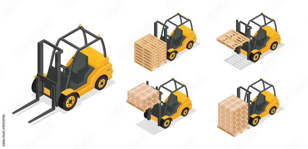 Set of forklift trucks. Stickers with vehicles for loading, lifting and moving cargo and boxes. Design elements for website or app. Cartoon isometric vector collection isolated on white background Set of forklift trucks. Stickers with vehicles for loading, lifting and moving cargo and boxes. Design elements for website or app. Cartoon isometric vector collection isolated on white background